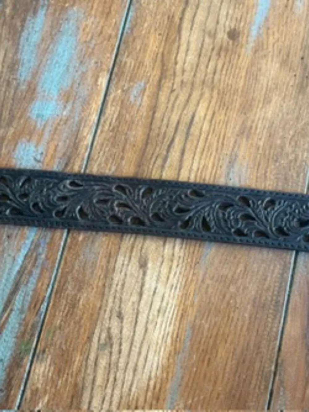 Tony Lama Black Pierced Filigree Leather Western Belt & Silver Buckle Sz 36